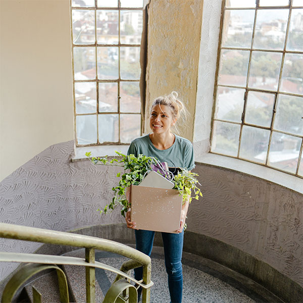 Woman carrying box up stairs